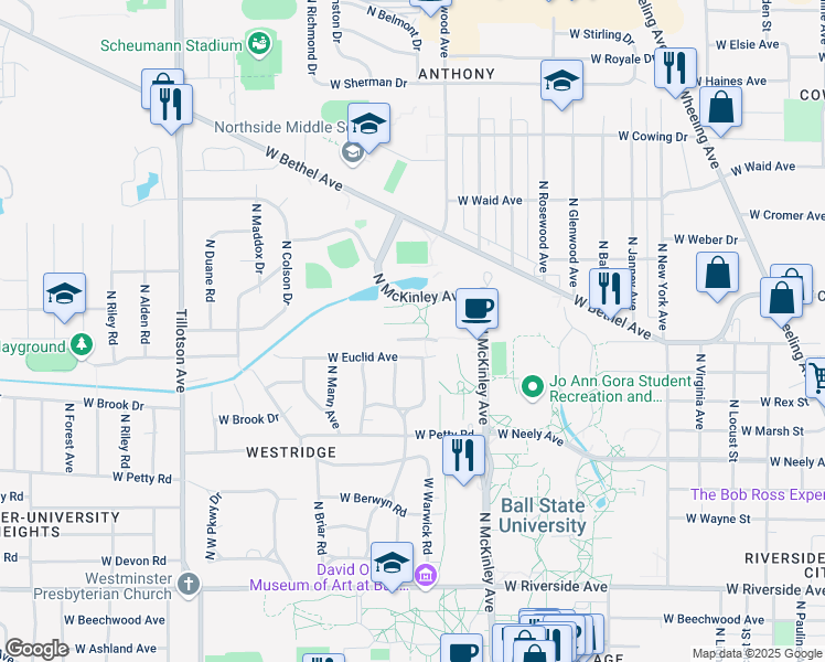map of restaurants, bars, coffee shops, grocery stores, and more near 1601 North McKinley Avenue in Muncie