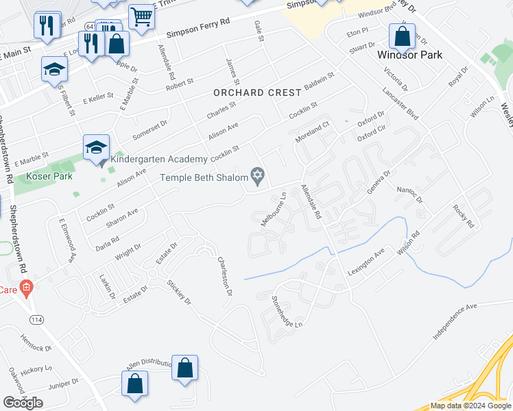 map of restaurants, bars, coffee shops, grocery stores, and more near 180 Melbourne Lane in Mechanicsburg