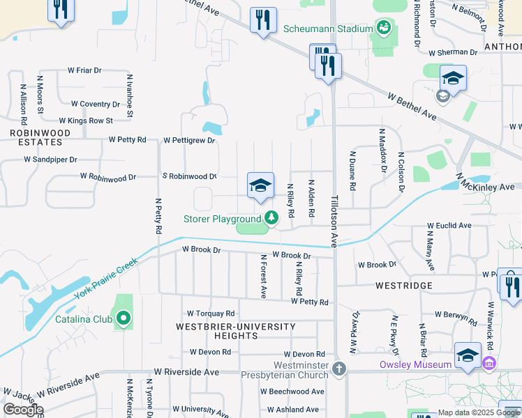 map of restaurants, bars, coffee shops, grocery stores, and more near 3211 West Mansfield Drive in Muncie