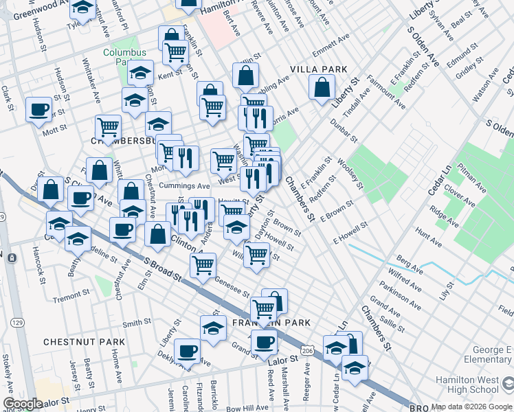 map of restaurants, bars, coffee shops, grocery stores, and more near 17 Brown Street in Trenton