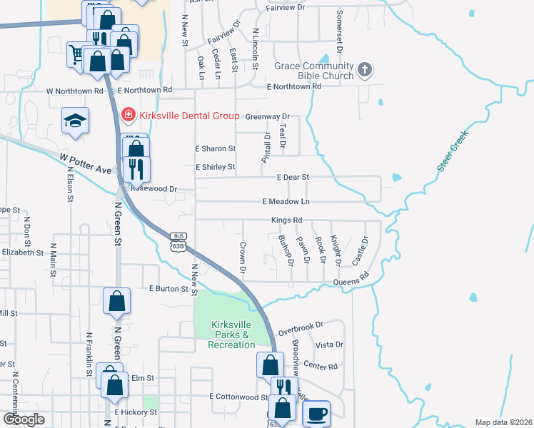 map of restaurants, bars, coffee shops, grocery stores, and more near 1010 Kings Road in Kirksville