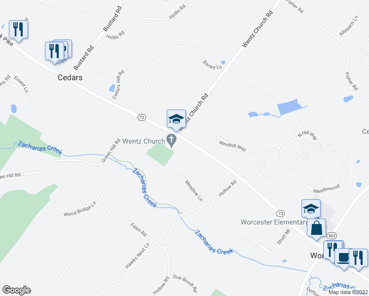 map of restaurants, bars, coffee shops, grocery stores, and more near 3240 Skippack Pike in Lansdale