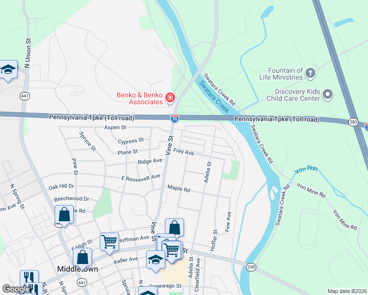 map of restaurants, bars, coffee shops, grocery stores, and more near 911 Deatrich Avenue in Middletown