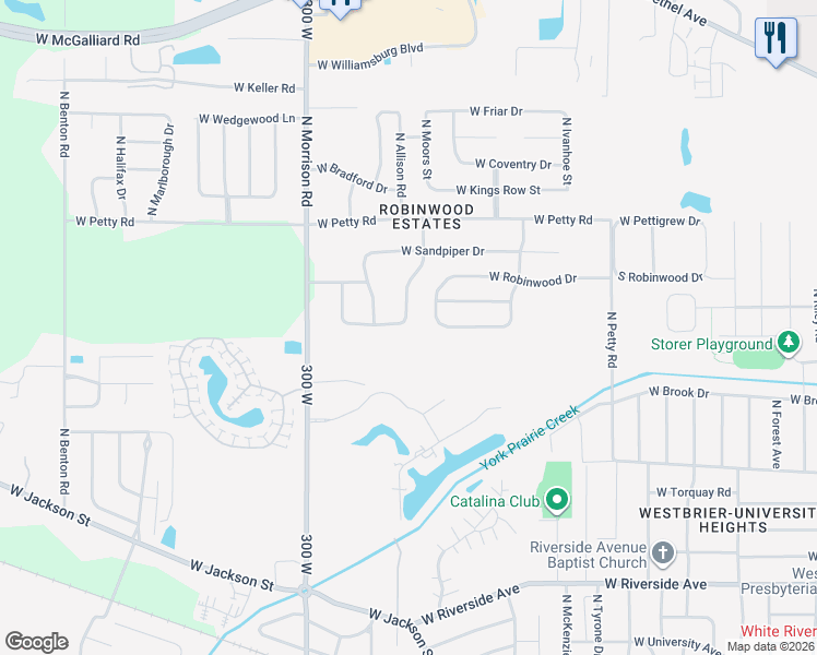 map of restaurants, bars, coffee shops, grocery stores, and more near 4601 West Bayswater Drive in Muncie