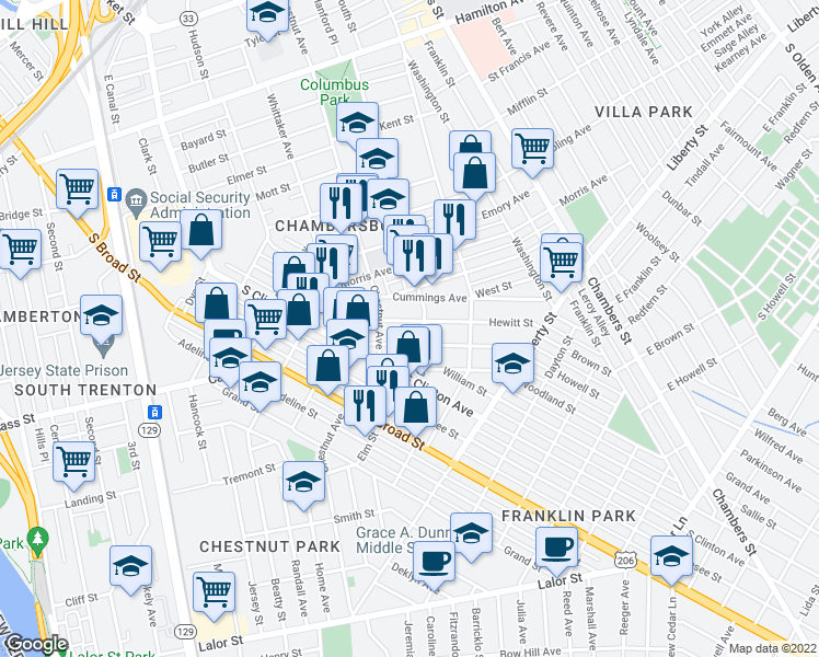 map of restaurants, bars, coffee shops, grocery stores, and more near 131 Hewitt Street in Trenton