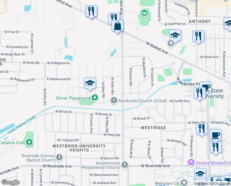 map of restaurants, bars, coffee shops, grocery stores, and more near 1605 North Tillotson Avenue in Muncie