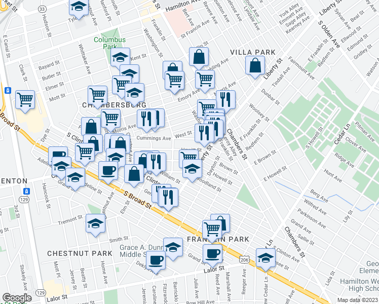 map of restaurants, bars, coffee shops, grocery stores, and more near 369 Hewitt Street in Trenton