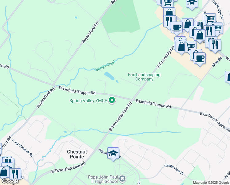 map of restaurants, bars, coffee shops, grocery stores, and more near 30 West Linfield-Trappe Road in Royersford