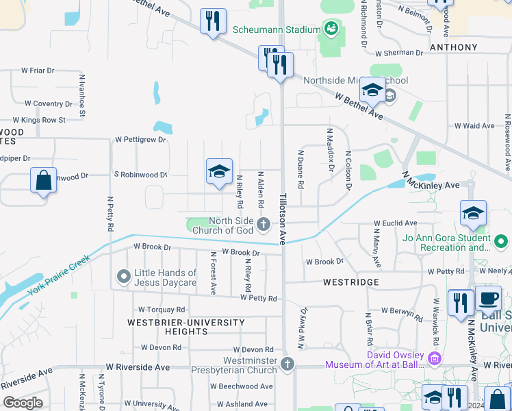 map of restaurants, bars, coffee shops, grocery stores, and more near 1608 N Riley Rd in Muncie