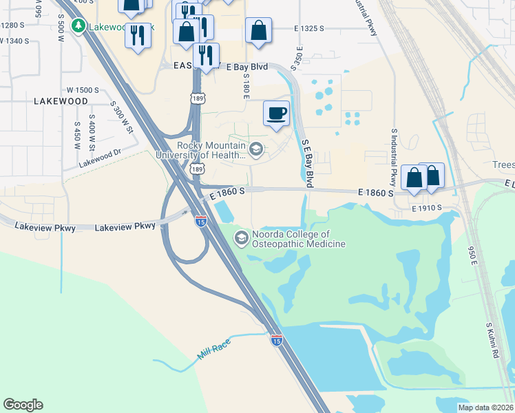 map of restaurants, bars, coffee shops, grocery stores, and more near 1951 South 180 East in Provo