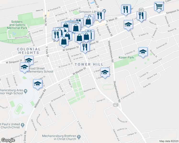 map of restaurants, bars, coffee shops, grocery stores, and more near 512 South Market Street in Mechanicsburg