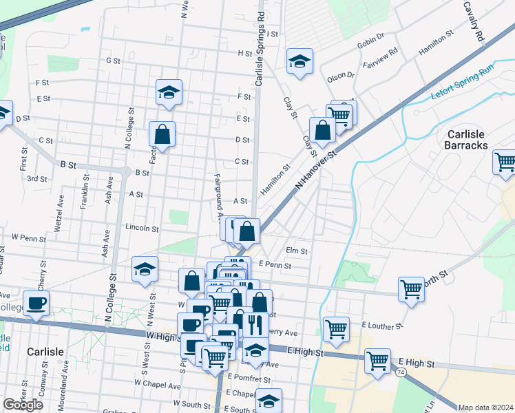 map of restaurants, bars, coffee shops, grocery stores, and more near Spring Garden Estates in Carlisle