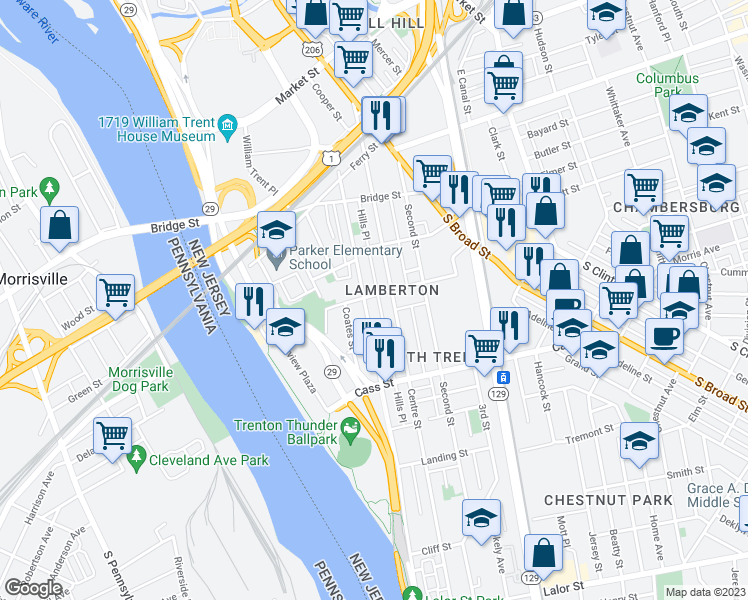 map of restaurants, bars, coffee shops, grocery stores, and more near 311 Federal Street in Trenton