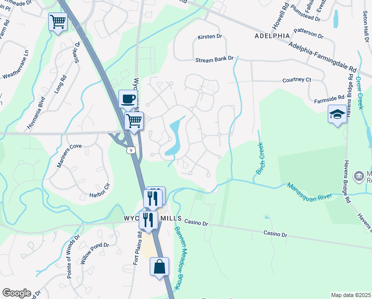map of restaurants, bars, coffee shops, grocery stores, and more near 82B Parkway Drive in Freehold