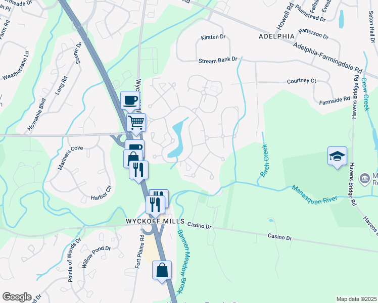 map of restaurants, bars, coffee shops, grocery stores, and more near 82B Parkway Drive in Freehold