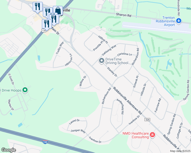 map of restaurants, bars, coffee shops, grocery stores, and more near 206 Honeysuckle Drive in Robbinsville Township