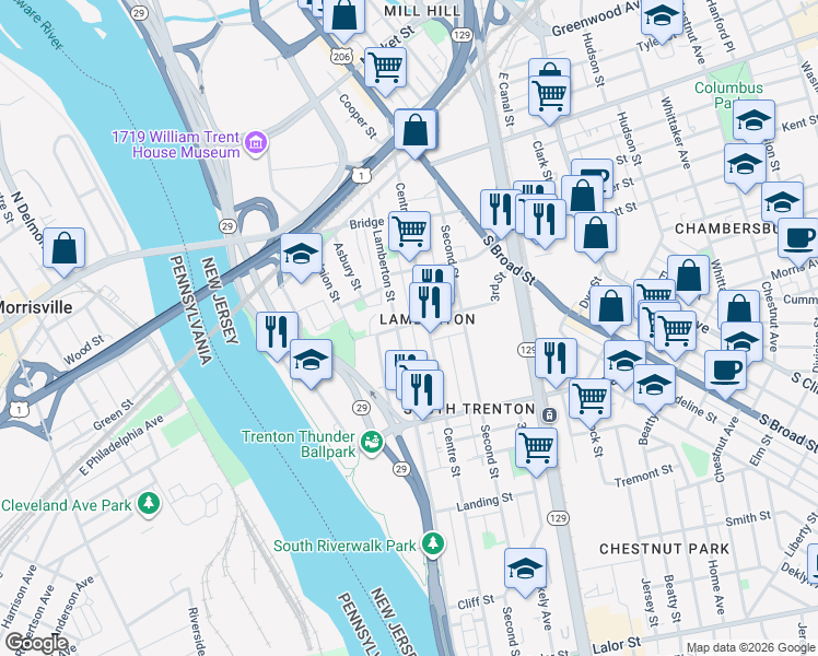 map of restaurants, bars, coffee shops, grocery stores, and more near 616 Lamberton Street in Trenton
