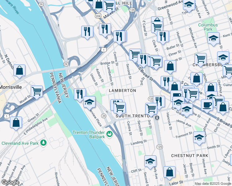 map of restaurants, bars, coffee shops, grocery stores, and more near 616 Lamberton Street in Trenton