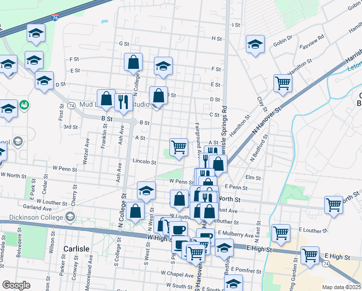 map of restaurants, bars, coffee shops, grocery stores, and more near 126 Lincoln Street in Carlisle
