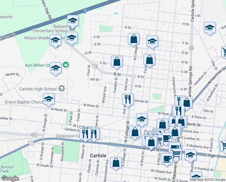 map of restaurants, bars, coffee shops, grocery stores, and more near 415 Franklin Street in Carlisle