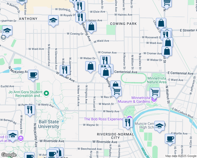 map of restaurants, bars, coffee shops, grocery stores, and more near 1017 West Bethel Avenue in Muncie
