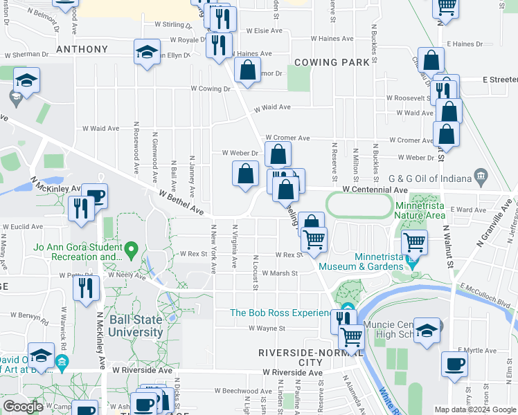 map of restaurants, bars, coffee shops, grocery stores, and more near 1017 West Bethel Avenue in Muncie