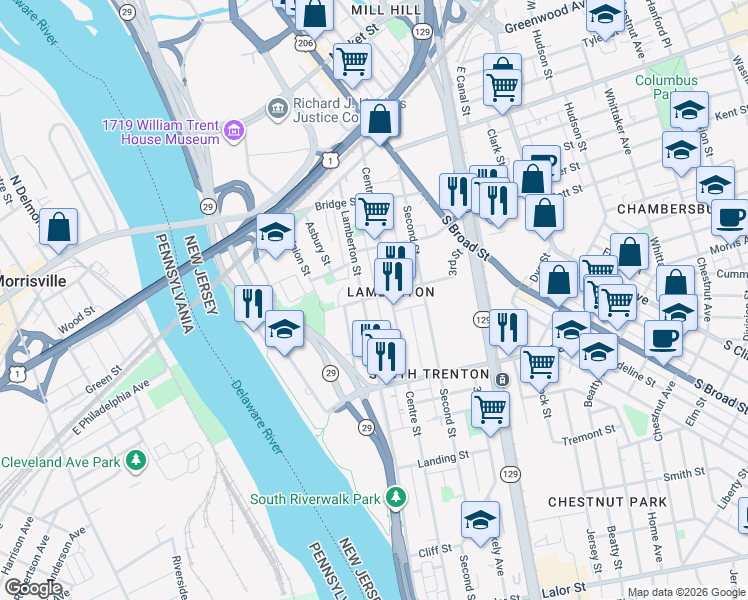 map of restaurants, bars, coffee shops, grocery stores, and more near 616 Lamberton Street in Trenton