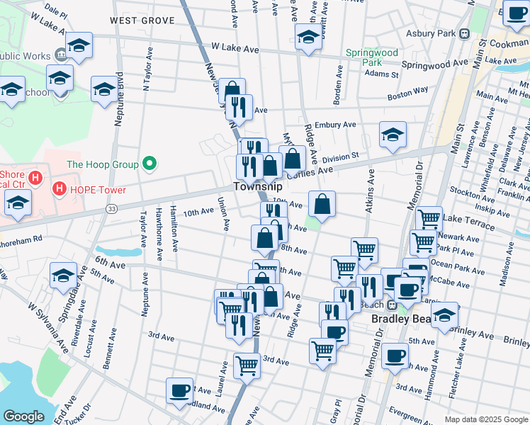 map of restaurants, bars, coffee shops, grocery stores, and more near 311 Route 35 in Neptune City