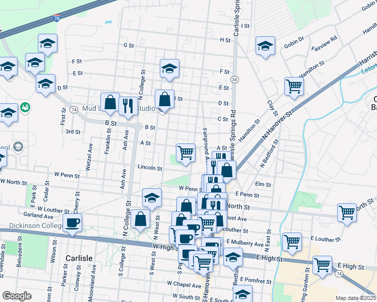 map of restaurants, bars, coffee shops, grocery stores, and more near 126 Lincoln Street in Carlisle