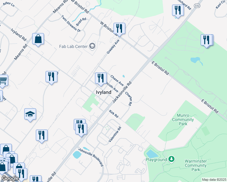 map of restaurants, bars, coffee shops, grocery stores, and more near in Ivyland