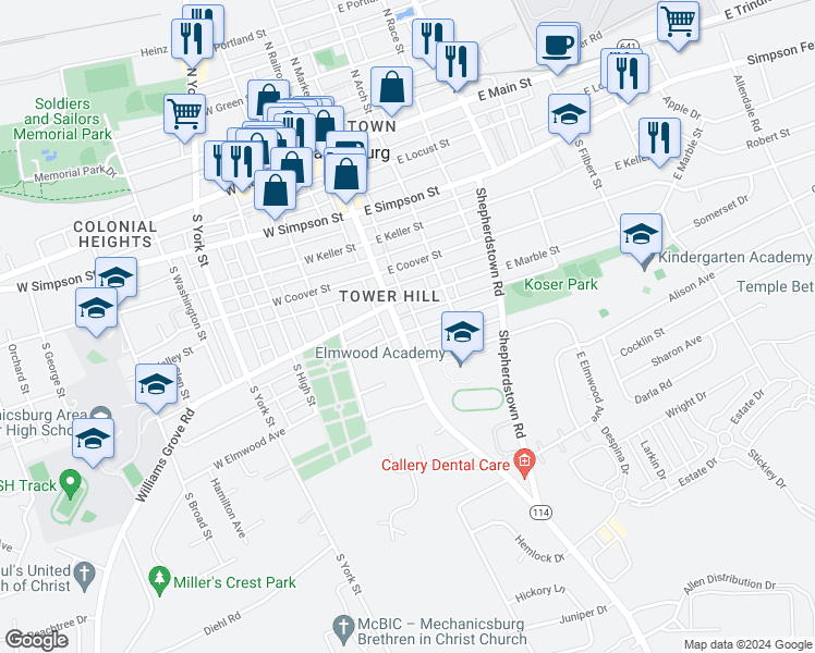 map of restaurants, bars, coffee shops, grocery stores, and more near 602 South Market Street in Mechanicsburg