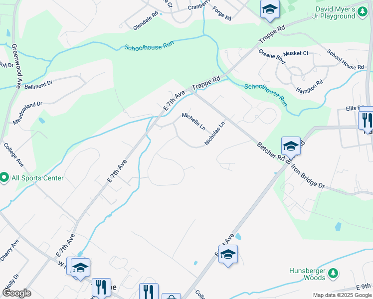 map of restaurants, bars, coffee shops, grocery stores, and more near 324 Nicholas Lane in Collegeville