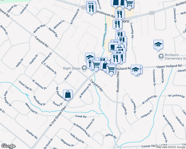 map of restaurants, bars, coffee shops, grocery stores, and more near 725 2nd Street Pike in Richboro