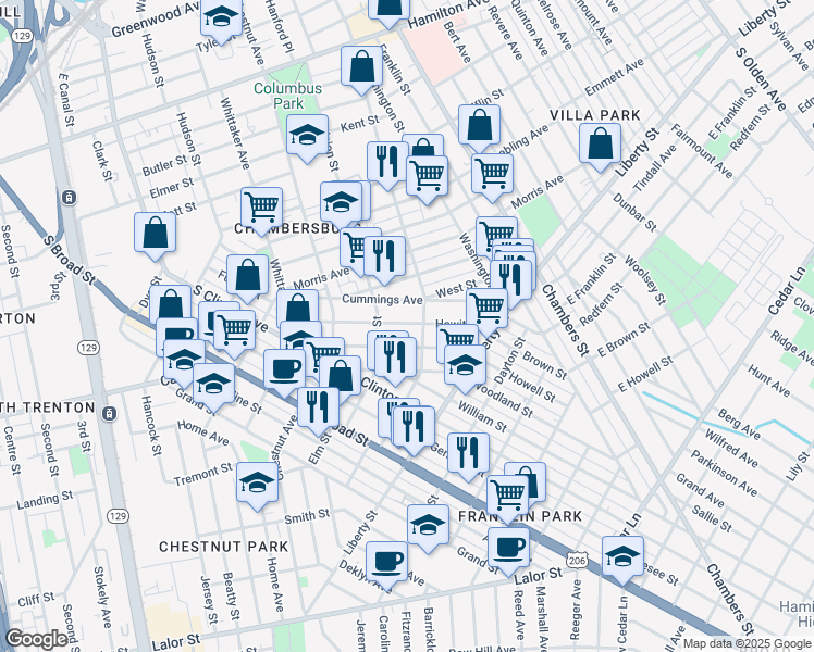 map of restaurants, bars, coffee shops, grocery stores, and more near 237 Hewitt Street in Trenton