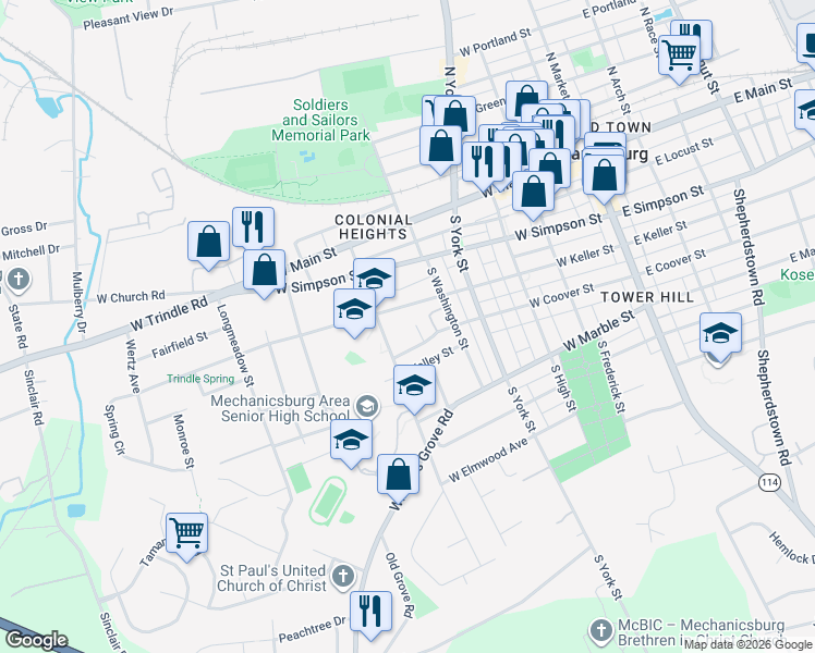 map of restaurants, bars, coffee shops, grocery stores, and more near 416 Valley Street in Mechanicsburg