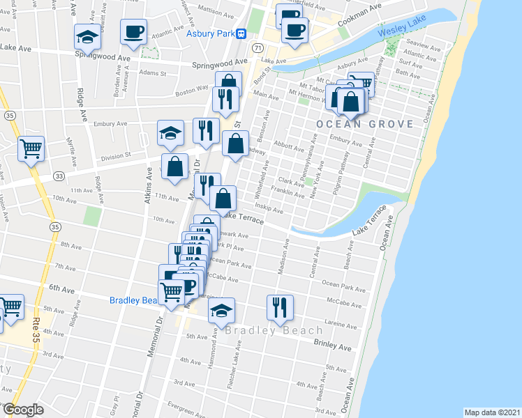 map of restaurants, bars, coffee shops, grocery stores, and more near 414 Lake Terrace in Bradley Beach