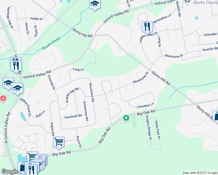 map of restaurants, bars, coffee shops, grocery stores, and more near 385 Tall Meadow Lane in Yardley