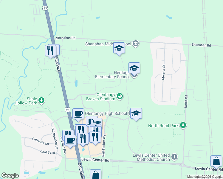map of restaurants, bars, coffee shops, grocery stores, and more near 465 Redwood Lane in Lewis Center