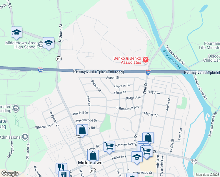 map of restaurants, bars, coffee shops, grocery stores, and more near 1023 Plane Street in Middletown