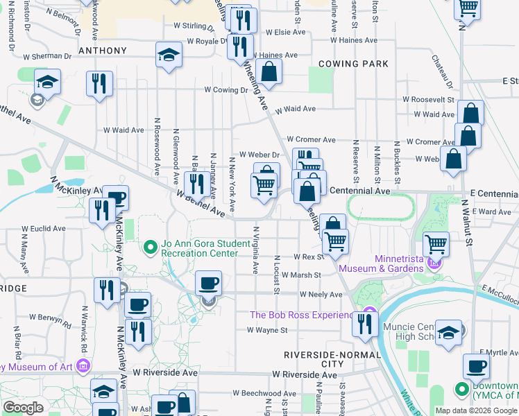map of restaurants, bars, coffee shops, grocery stores, and more near 1200 West Bethel Avenue in Muncie