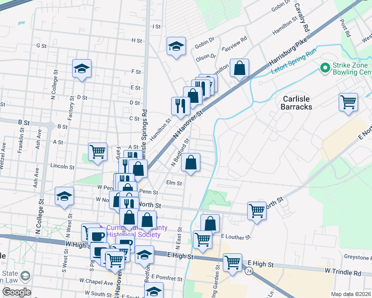 map of restaurants, bars, coffee shops, grocery stores, and more near 620 North East Street in Carlisle