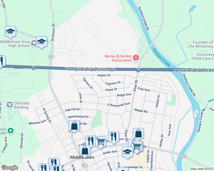 map of restaurants, bars, coffee shops, grocery stores, and more near 1125 Cypress Street in Middletown