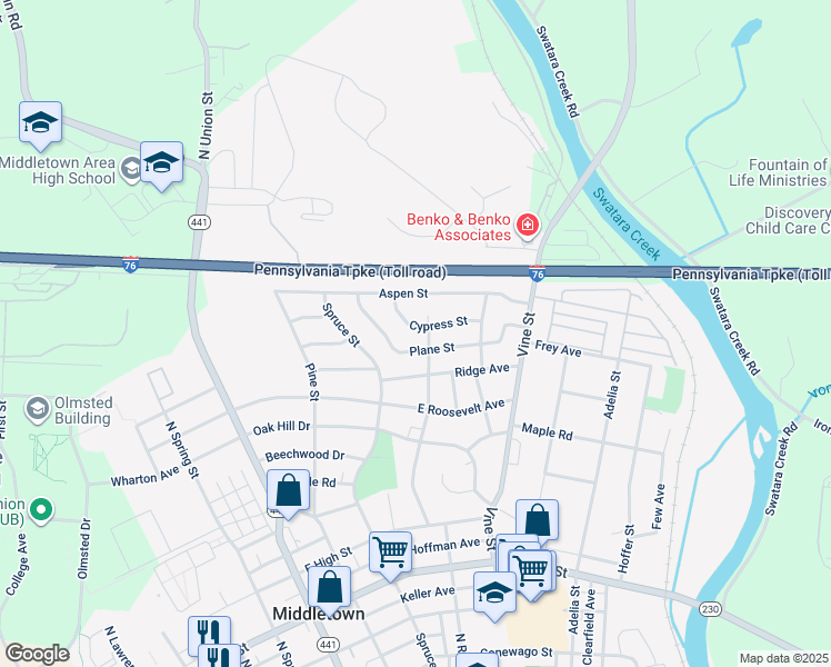 map of restaurants, bars, coffee shops, grocery stores, and more near 1125 Cypress Street in Middletown