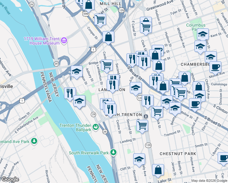 map of restaurants, bars, coffee shops, grocery stores, and more near 422 Centre Street in Trenton