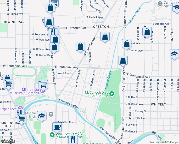 map of restaurants, bars, coffee shops, grocery stores, and more near 1517 North Madison Street in Muncie