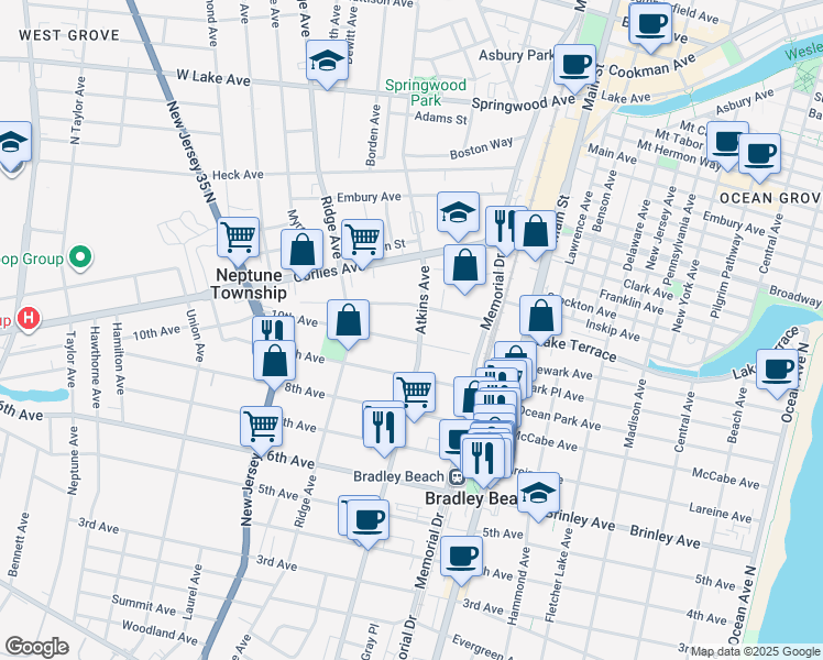 map of restaurants, bars, coffee shops, grocery stores, and more near 1200 10th Avenue in Neptune City