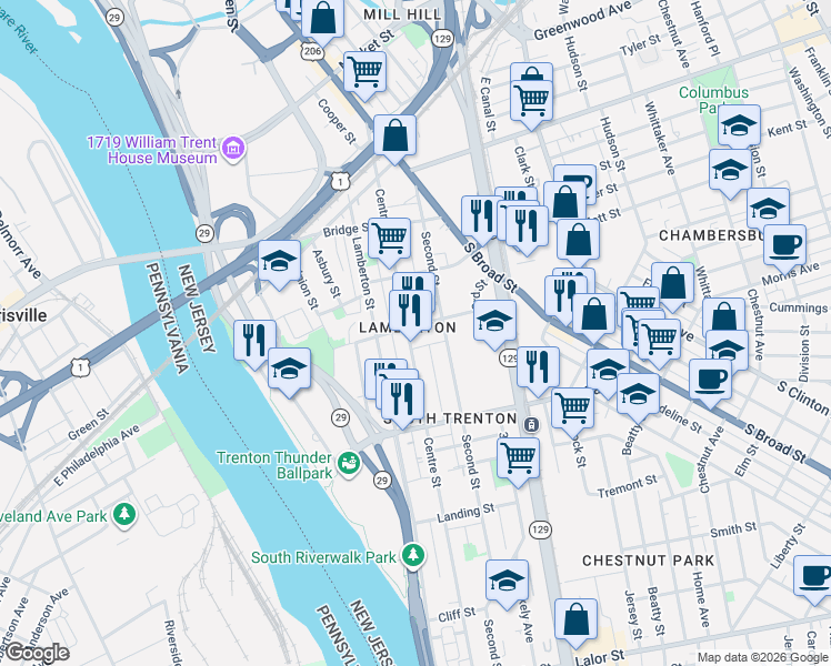 map of restaurants, bars, coffee shops, grocery stores, and more near 422 Centre Street in Trenton