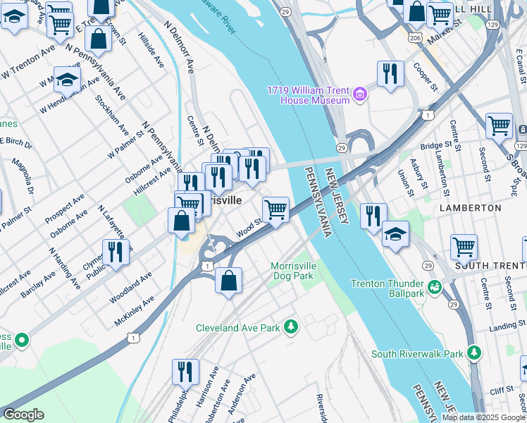 map of restaurants, bars, coffee shops, grocery stores, and more near 110 Wood Street in Morrisville