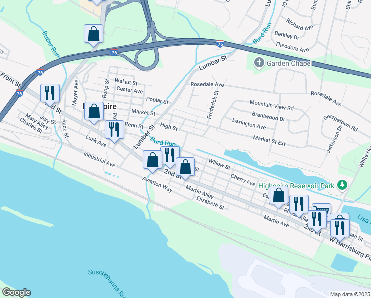 map of restaurants, bars, coffee shops, grocery stores, and more near 412 Eshelman Street in Highspire