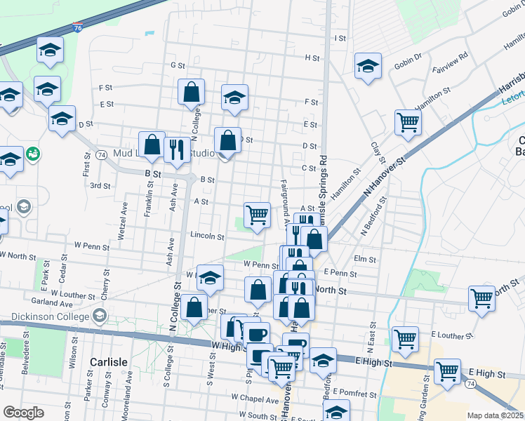 map of restaurants, bars, coffee shops, grocery stores, and more near 126 Lincoln Street in Carlisle